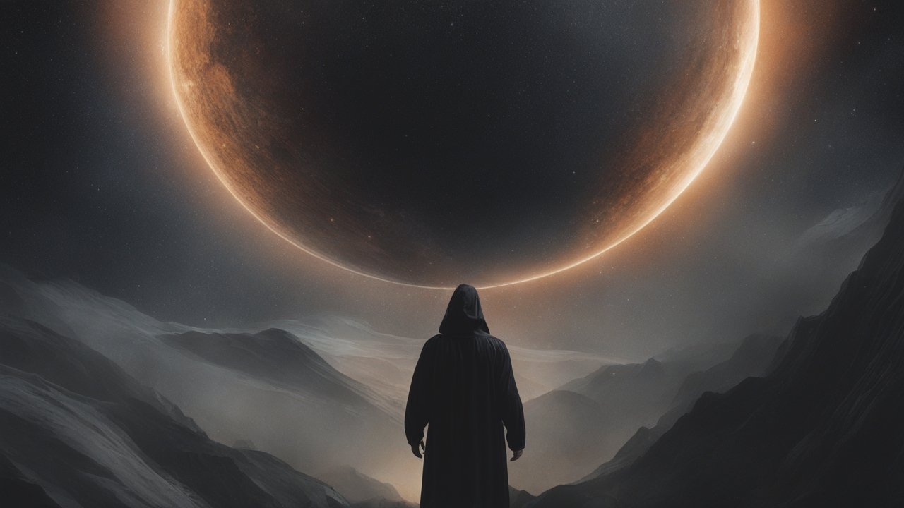 Mysterious Hooded Figure Under a Giant Glowing Planet