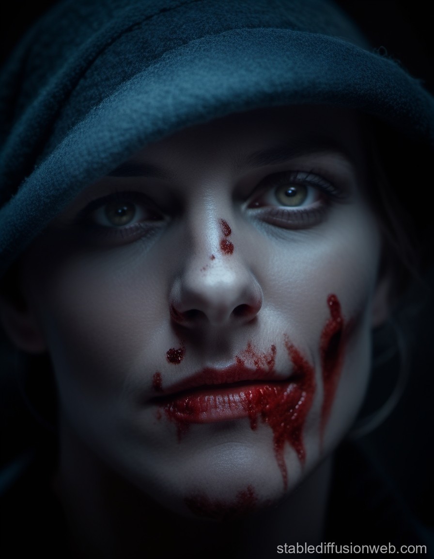 Mysterious Hooded Figure with Bloodied Face