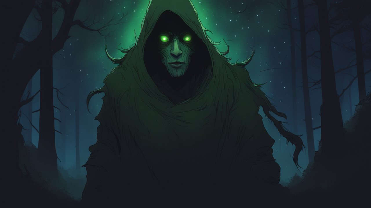 Mysterious Hooded Figure with Glowing Green Eyes in Dark Forest