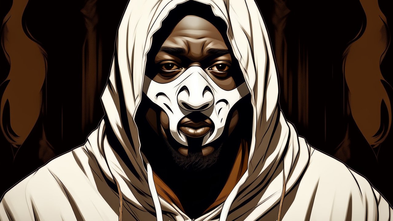 Mysterious Hooded Figure with Stylized Mask