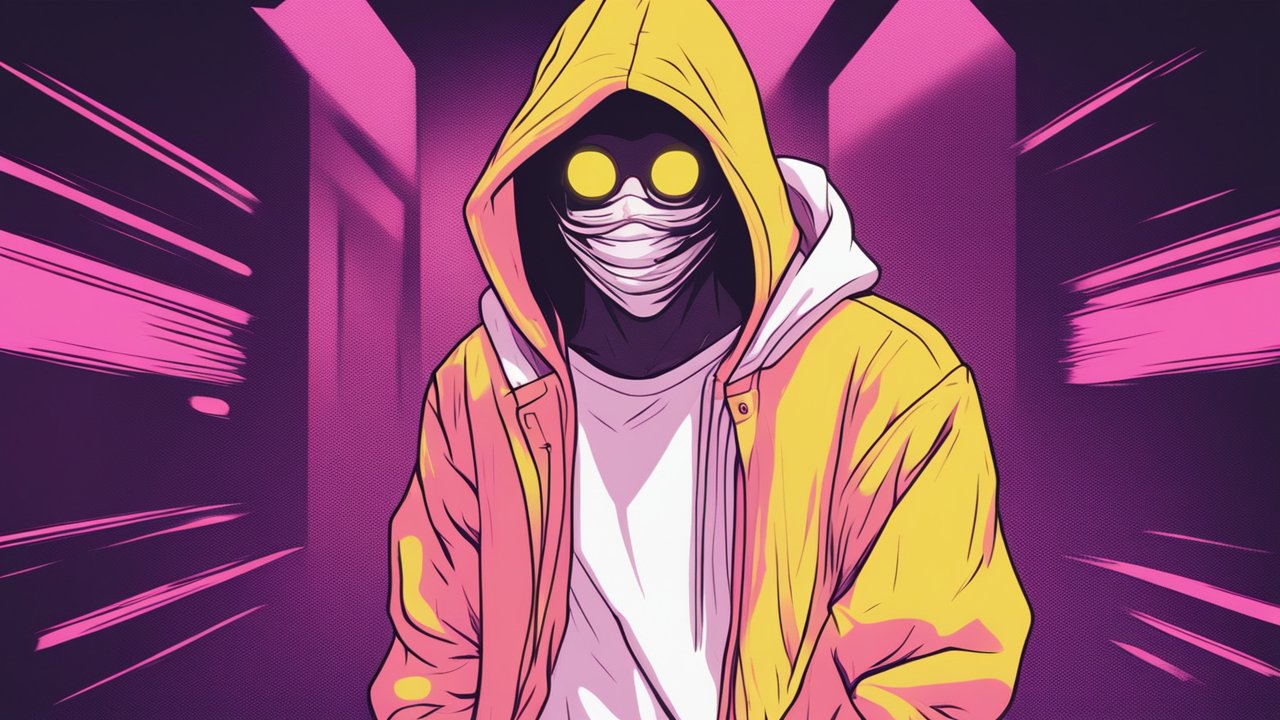 Mysterious Hooded Figure with Yellow Glasses in Neon Alley