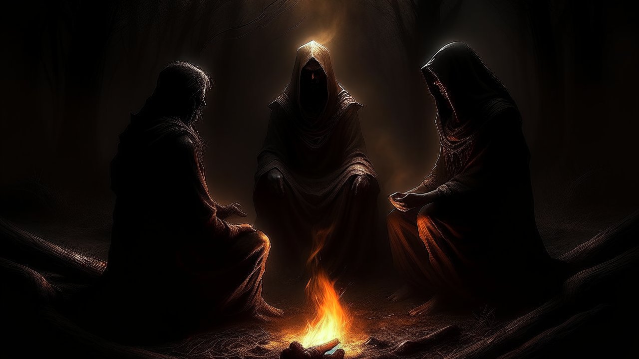 Mysterious Hooded Figures Gathered Around a Campfire