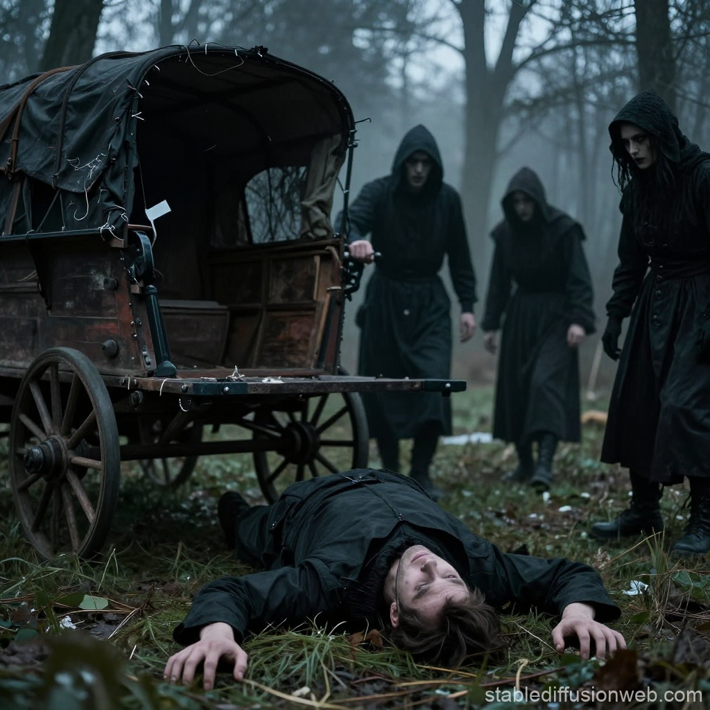 Mysterious Hooded Figures Surround Fallen Man Near Old Wagon