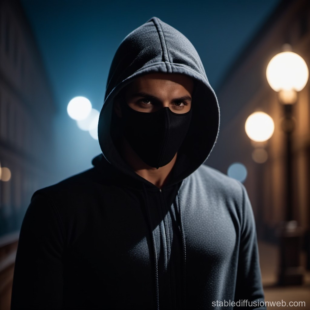 Mysterious Hooded Man Wearing Mask at Night