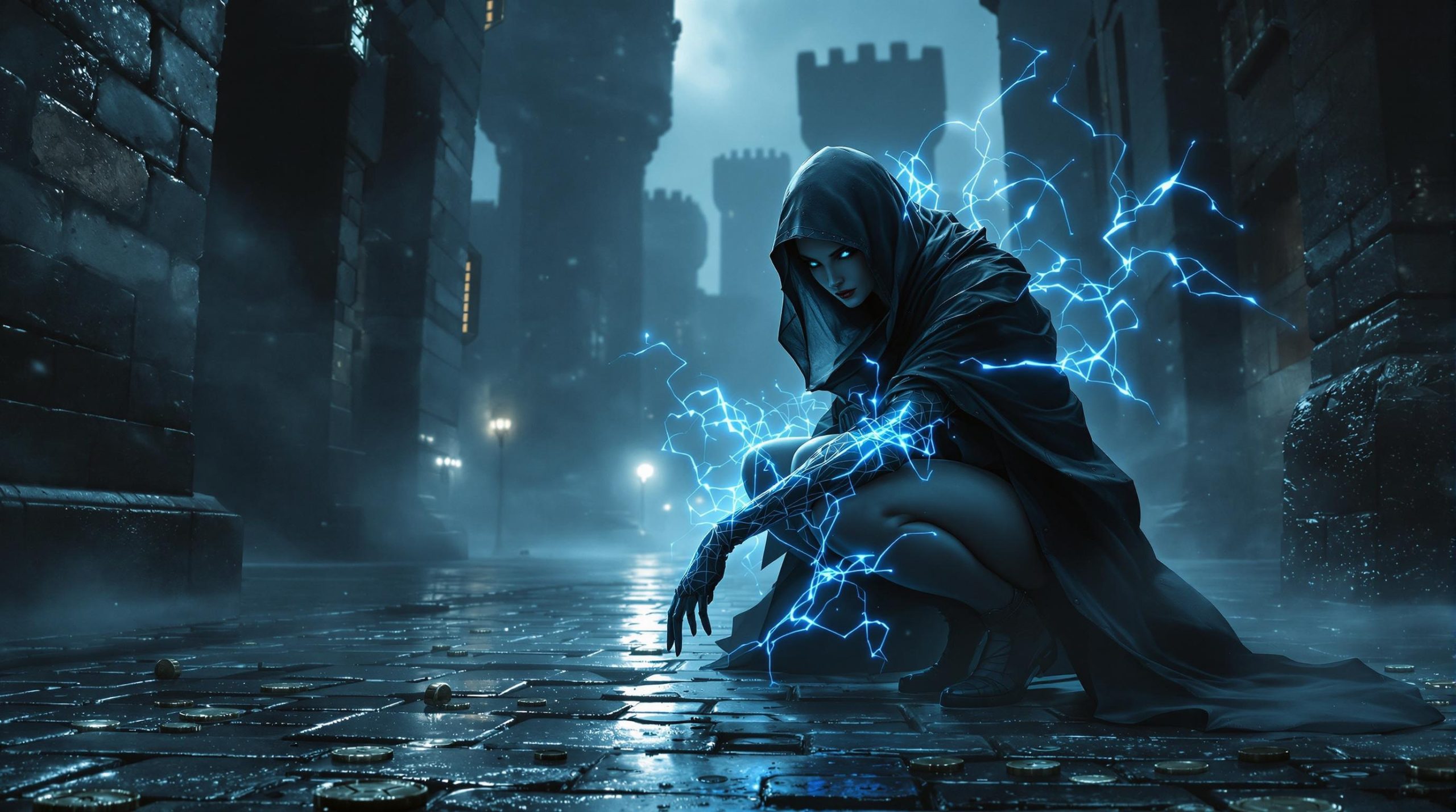 Mysterious Hooded Sorceress with Electric Powers in Dark Castle