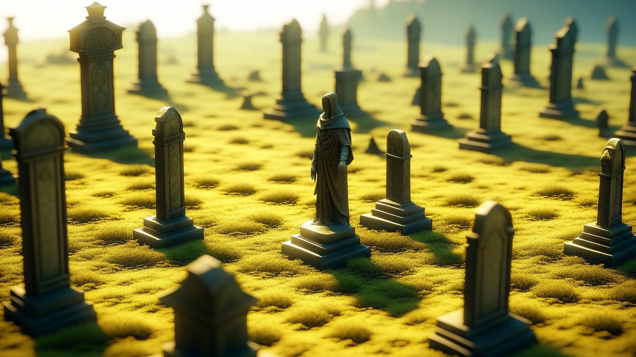 Mysterious Hooded Statue in Sunlit Cemetery