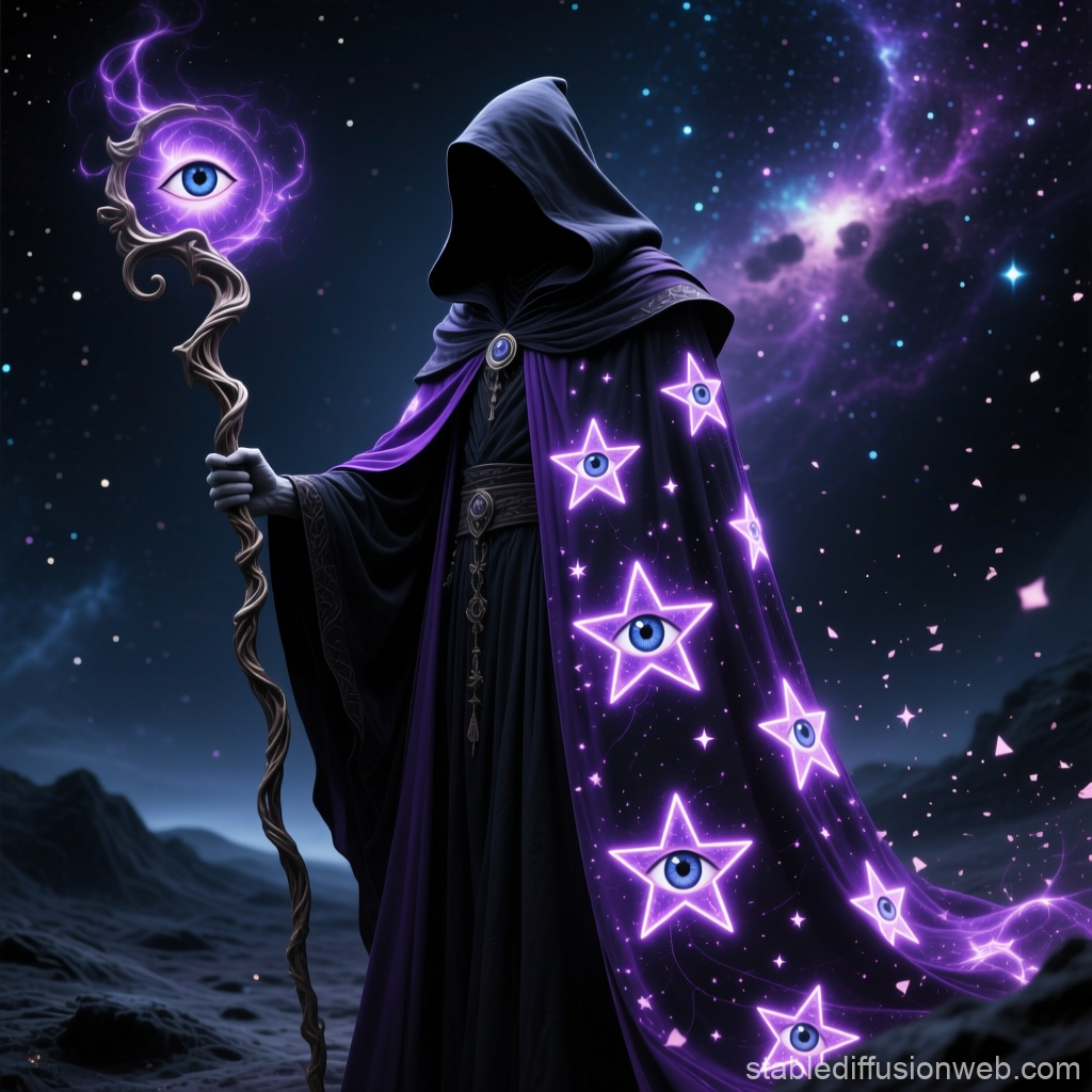 Mysterious Hooded Wizard with Cosmic Eye Staff