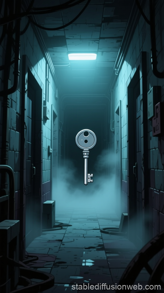 Mysterious Key in Foggy Industrial Corridor