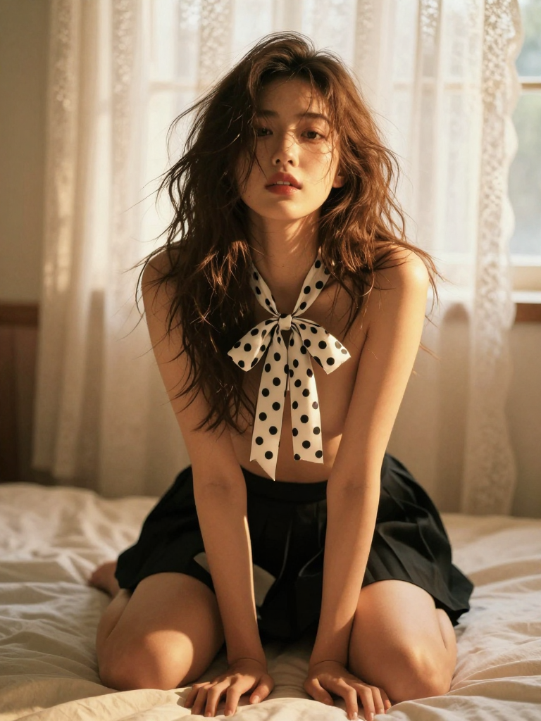 Mysterious Korean Woman with Polka Dot Bow in Soft Light
