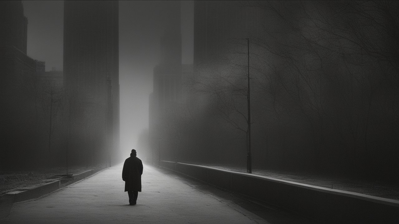 Mysterious Lone Figure Walking in Foggy Urban Night