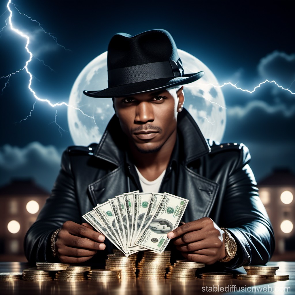 Mysterious Man with Money Under Full Moon and Lightning