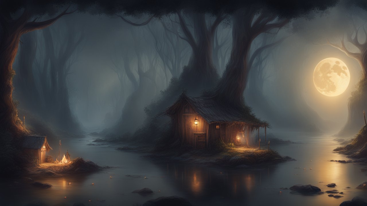Mysterious Moonlit Forest with Cozy Cabins