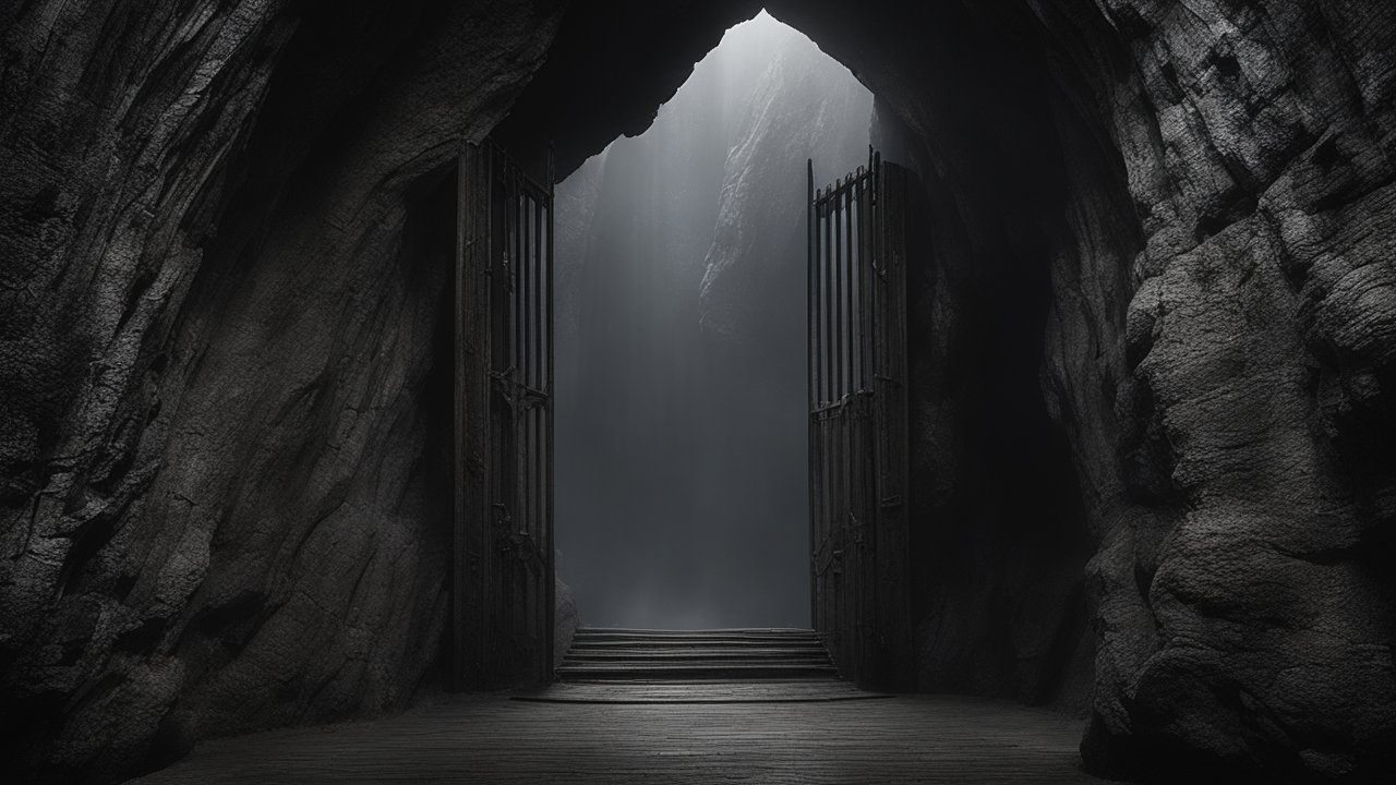 Mysterious Open Iron Gates in a Dark Cave