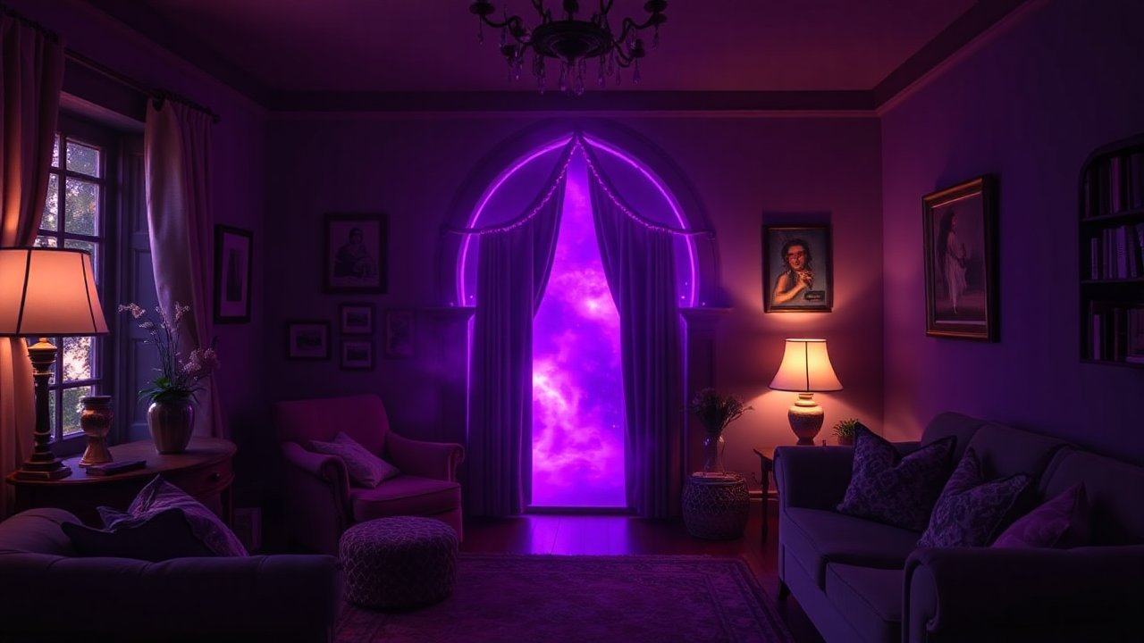 Mysterious Purple Magic Portal in Cozy Living Room