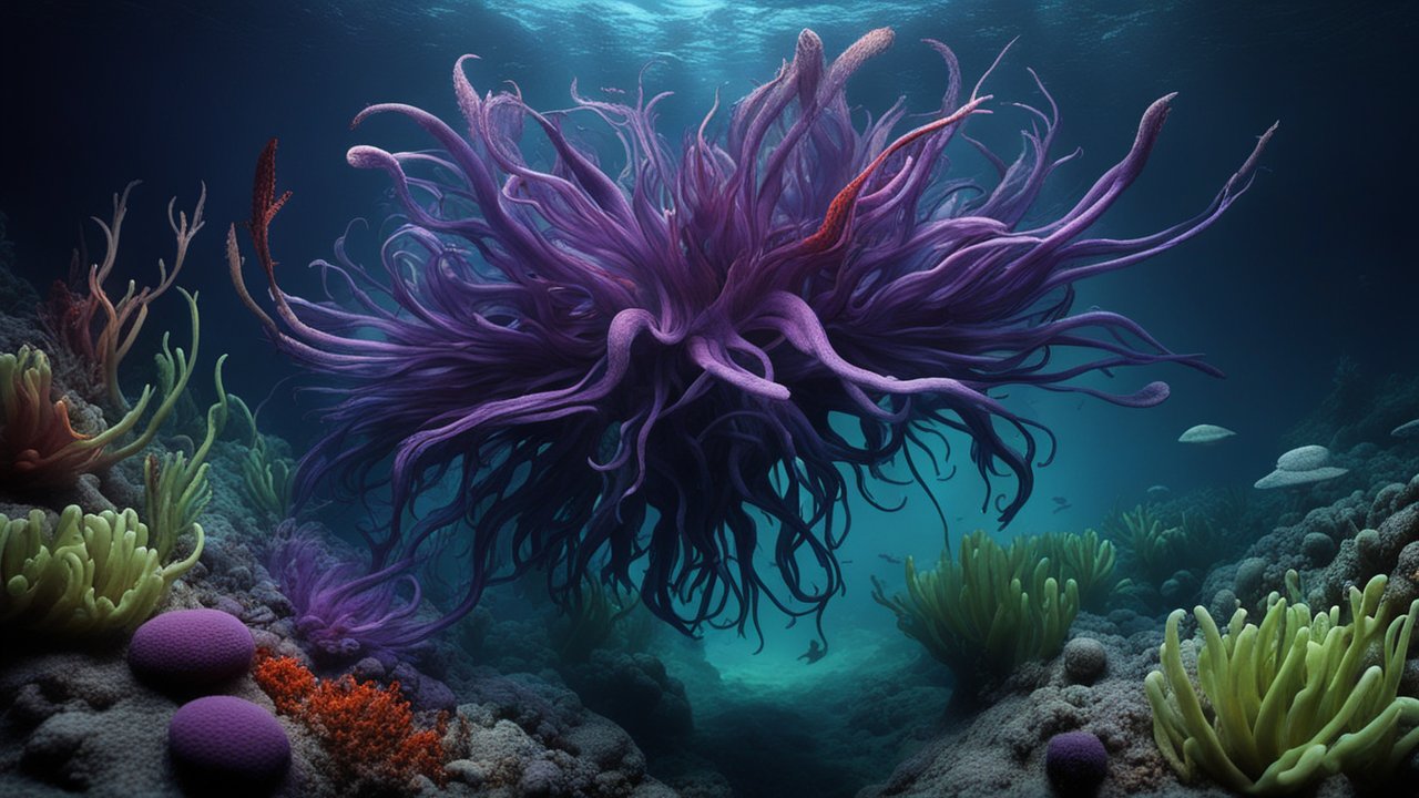 Mysterious Purple Sea Creature in Vibrant Coral Reef
