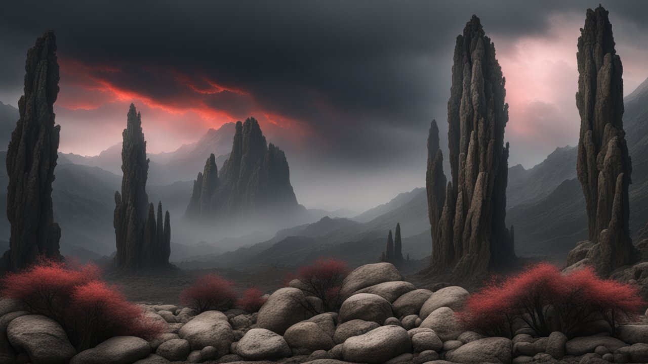 Mysterious Rocky Landscape with Red Foliage Under Dramatic Sky