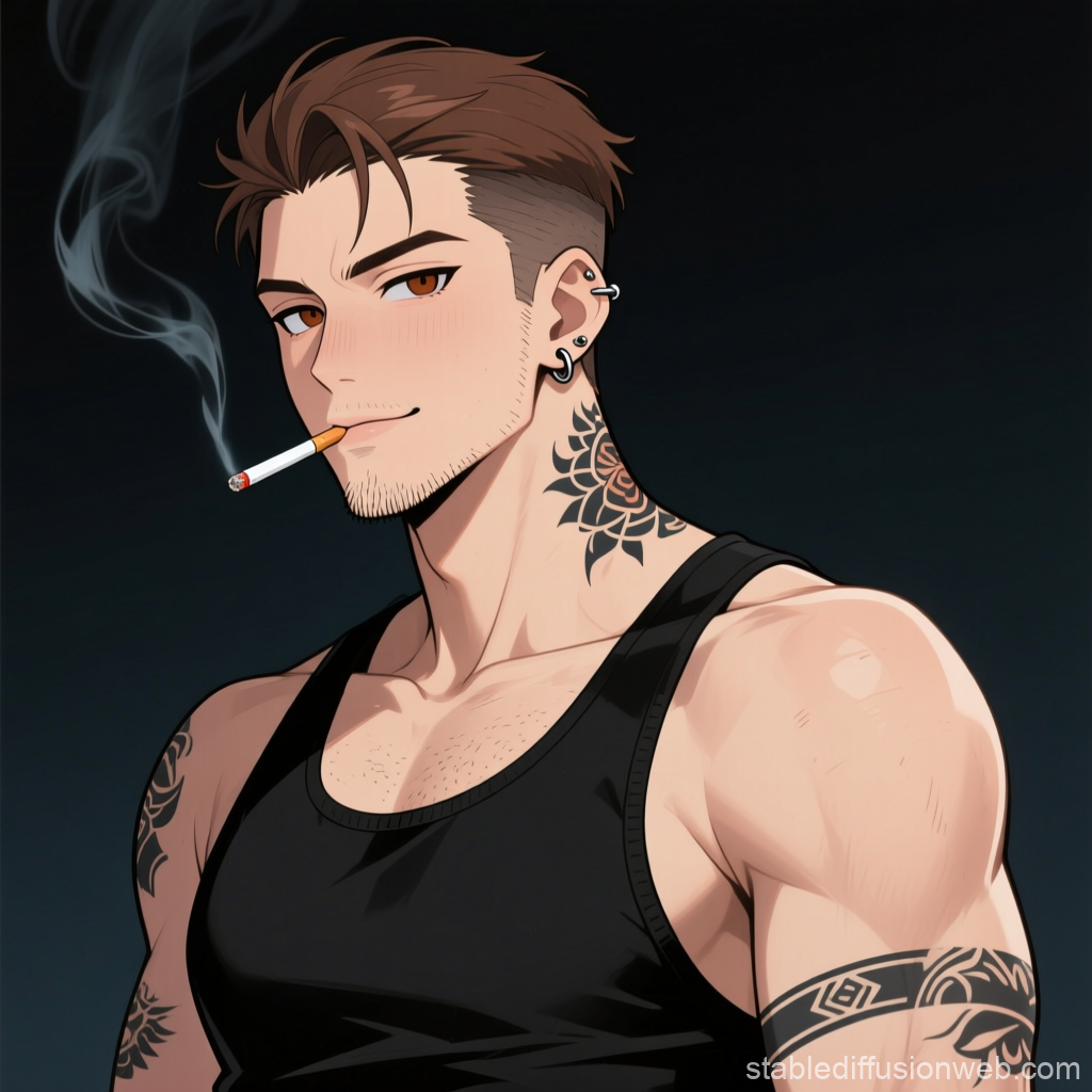 Mysterious Seductive Tattooed Man Smoking