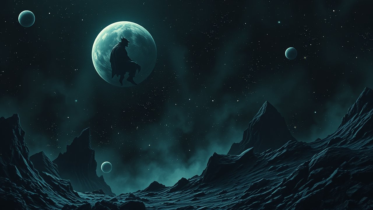 Mysterious Silhouette on a Moon in a Dark Alien Landscape