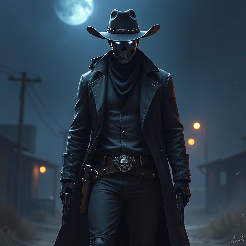 Mysterious Skeleton Gunslinger Under Full Moon