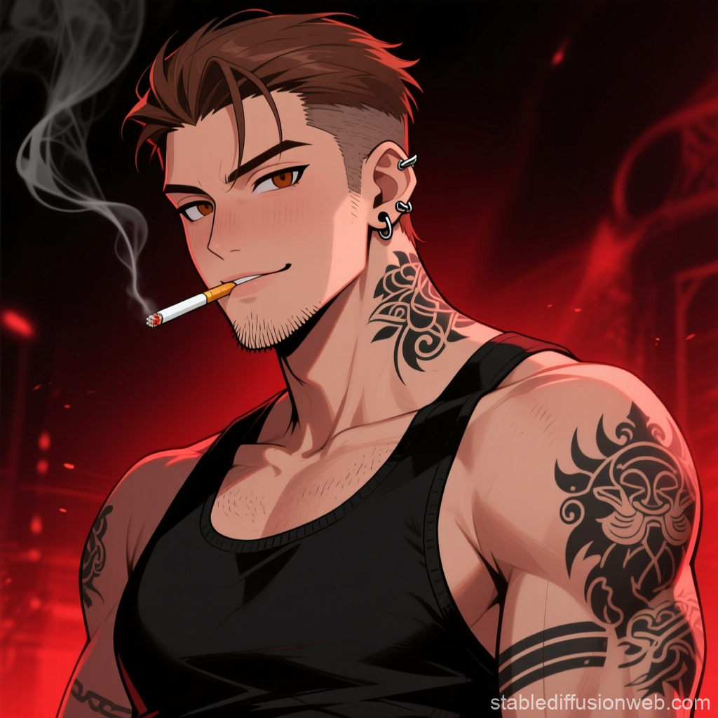 Mysterious Smirking Tattooed Man Smoking