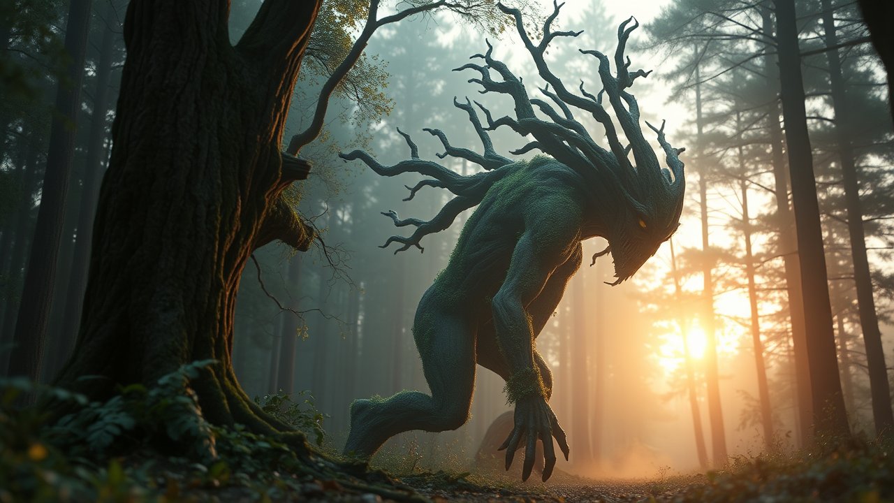 Mysterious Tree Creature in Enchanted Forest at Sunrise