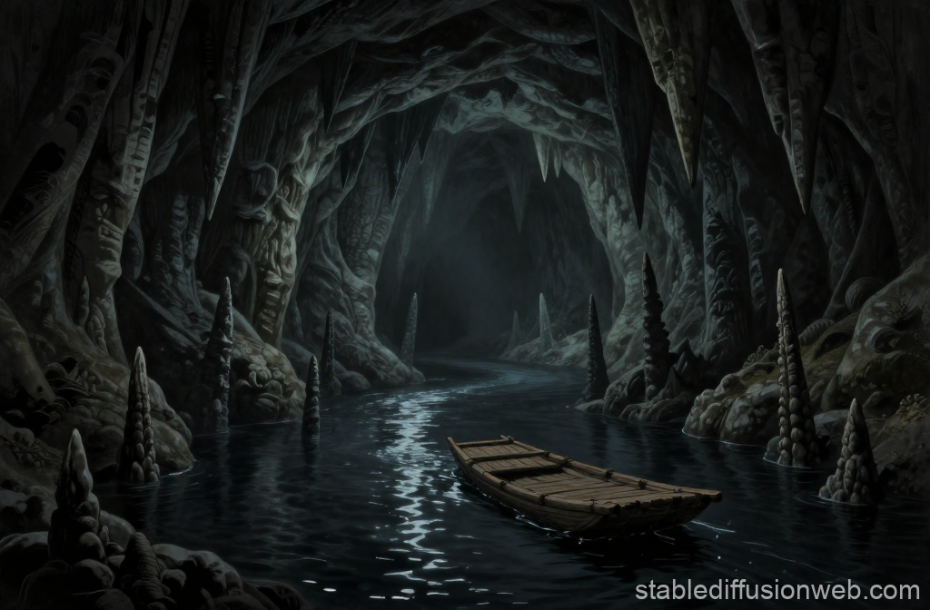 Mysterious Underground River with Wooden Boat