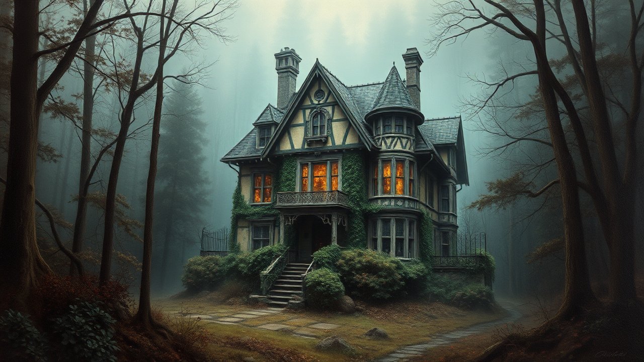 Mysterious Victorian House in Foggy Forest