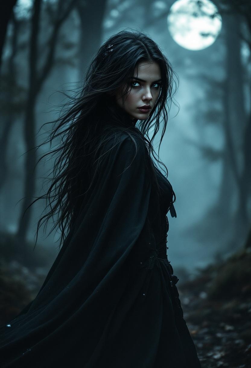 Mysterious Woman in Dark Cloak Under Full Moon