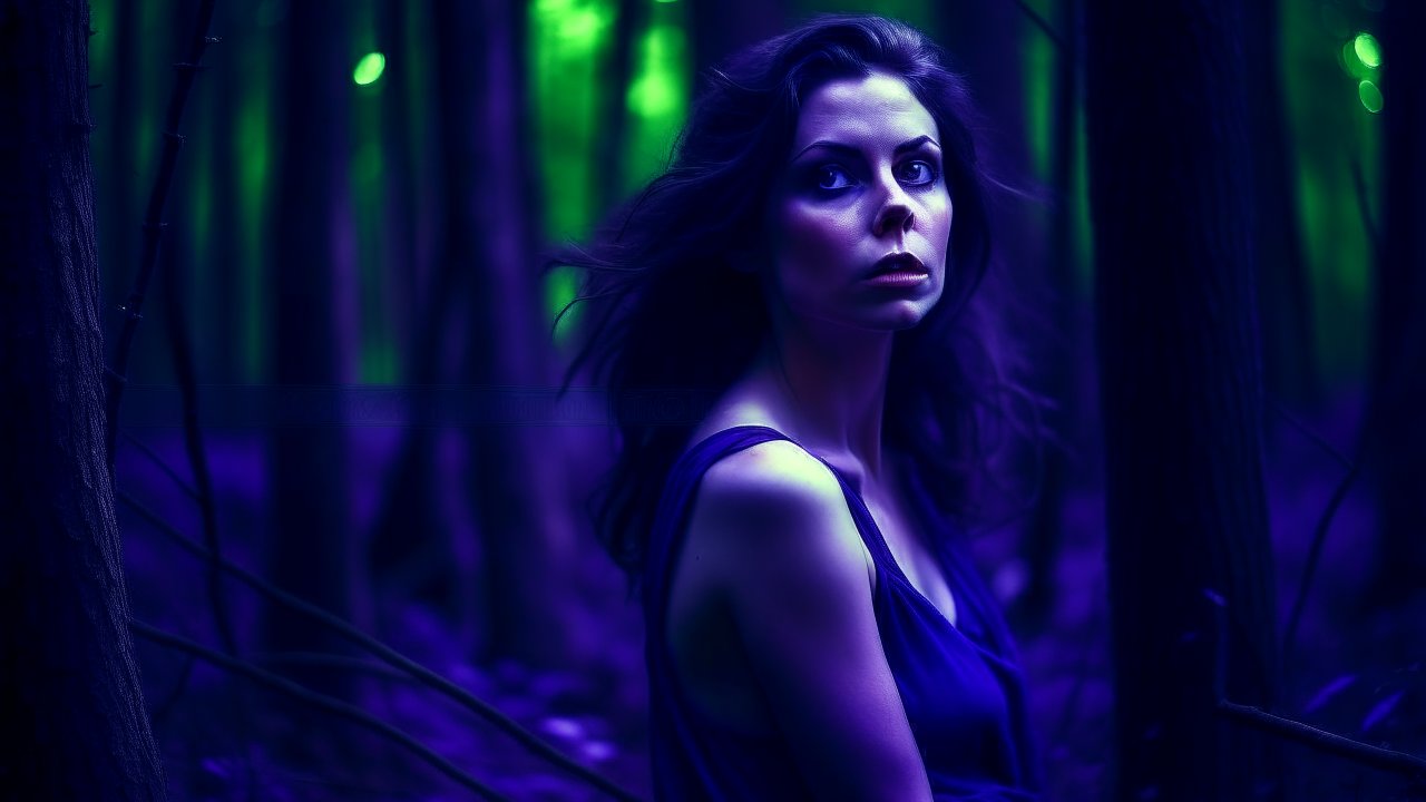 Mysterious Woman in Enchanted Forest at Night