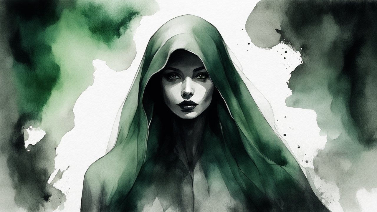 Mysterious Woman in Green Hooded Cloak Watercolor Portrait
