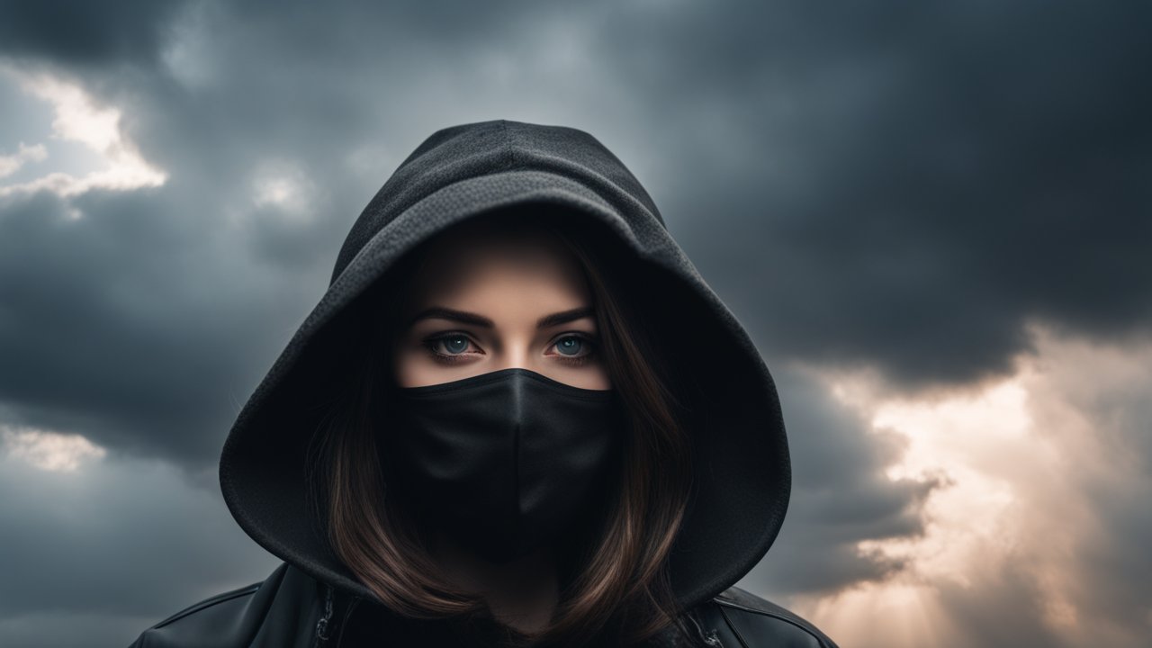 Mysterious Woman in Hood and Mask Against Stormy Sky