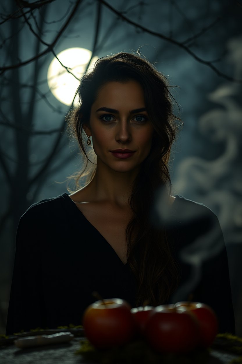 Mysterious Woman in Moonlit Forest with Apples