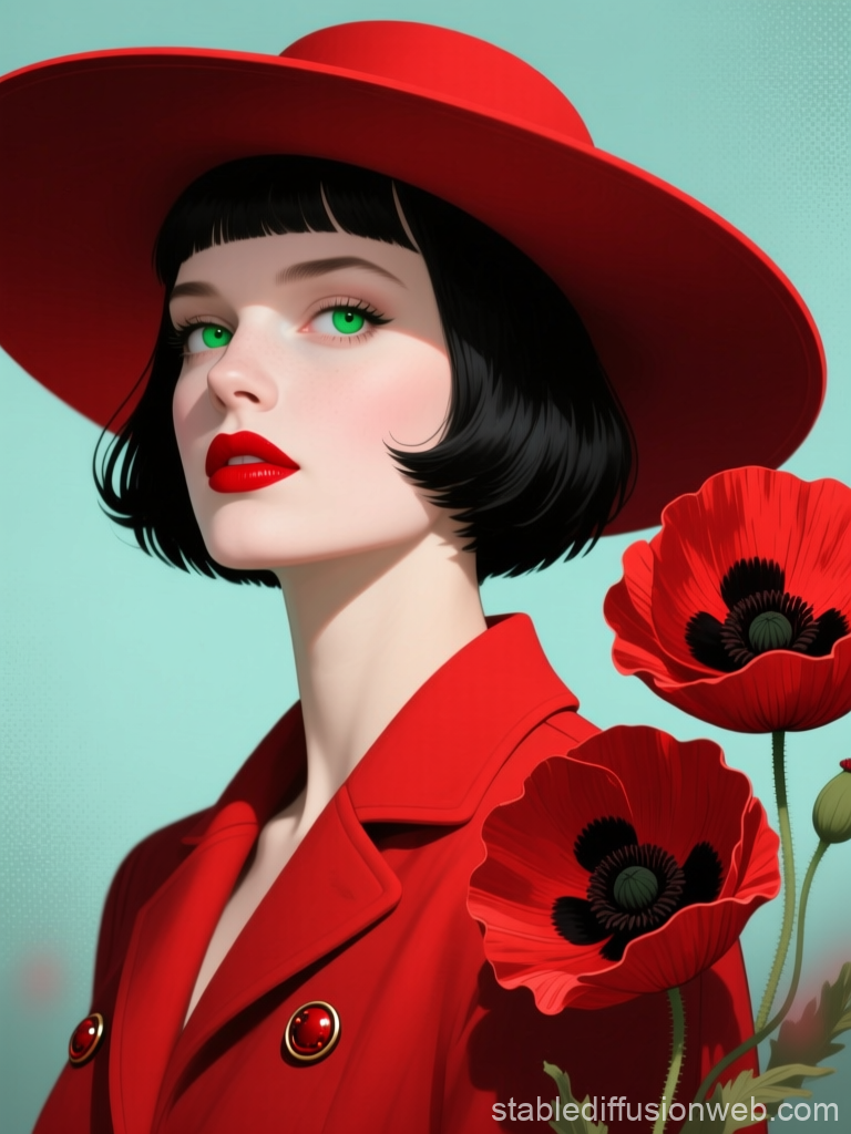Mysterious Woman in Red Hat and Coat with Poppies