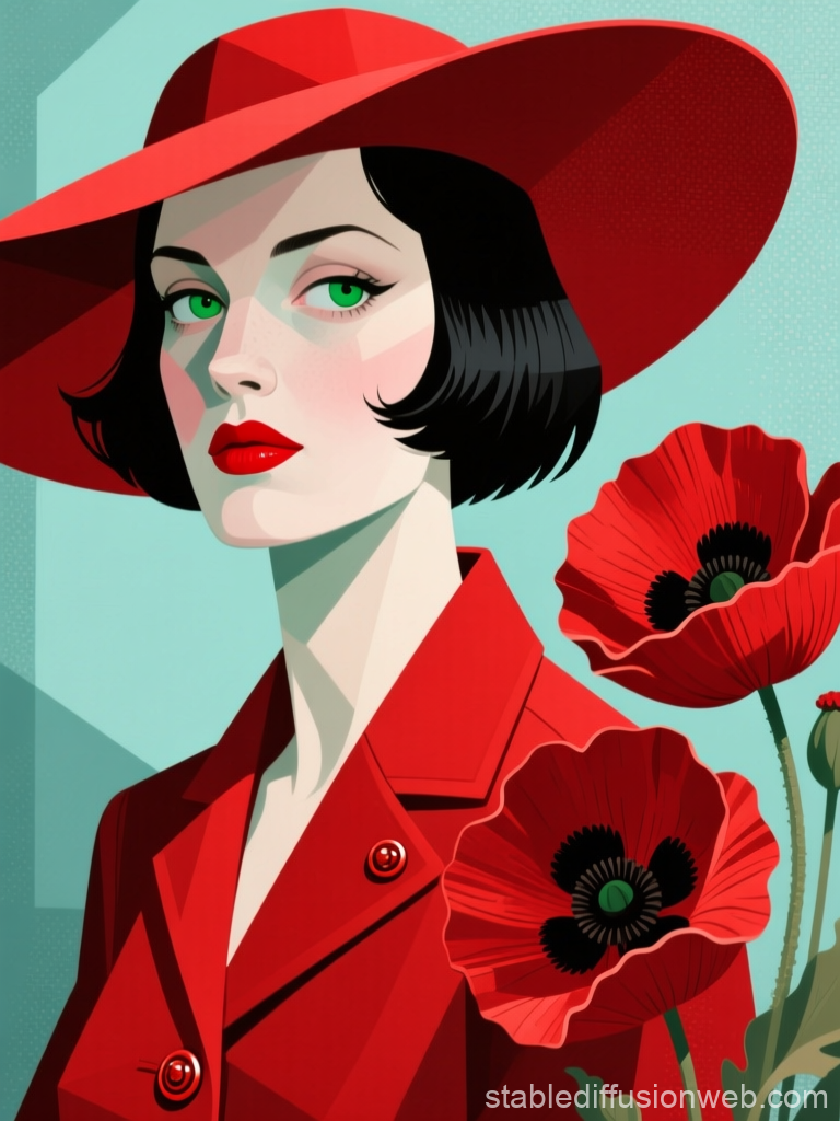 Mysterious Woman in Red Hat with Poppies