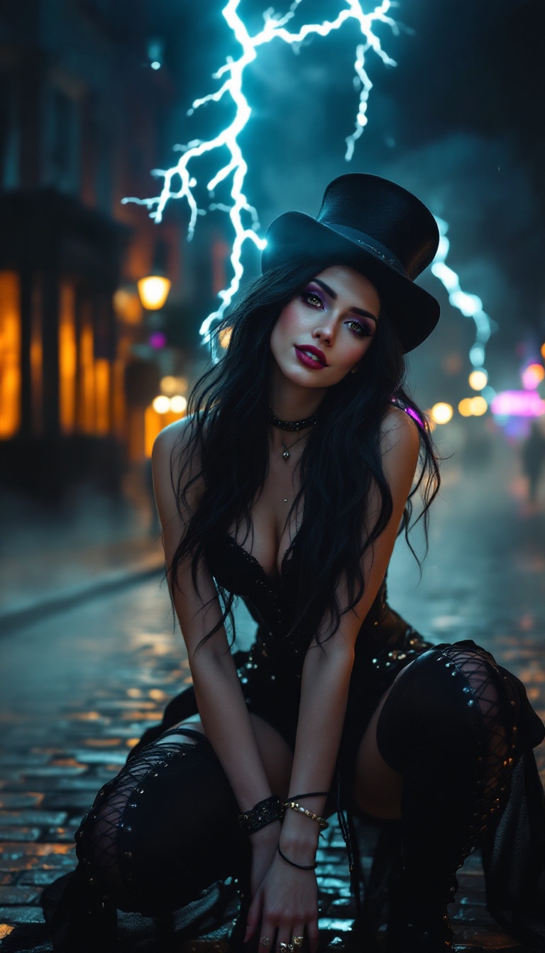 Mysterious Woman in Top Hat with Lightning at Night