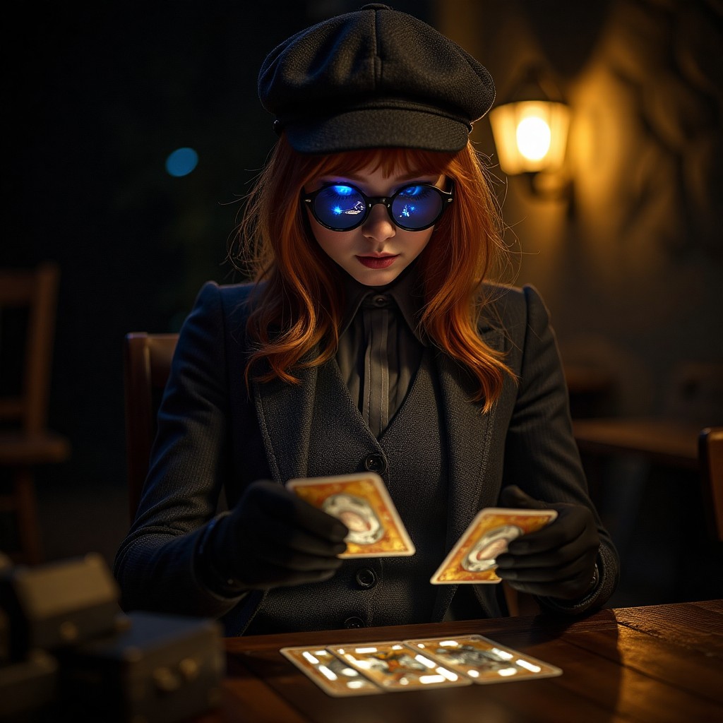 Mysterious Woman Reading Tarot Cards with Glowing Blue Glasses
