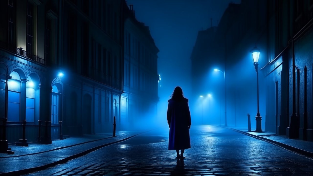 Mysterious Woman Walking Alone on Foggy Blue Street at Night