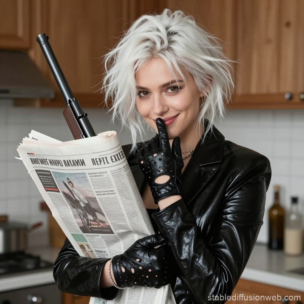 Mysterious Woman with White Hair Holding Newspaper and Silencing Gesture
