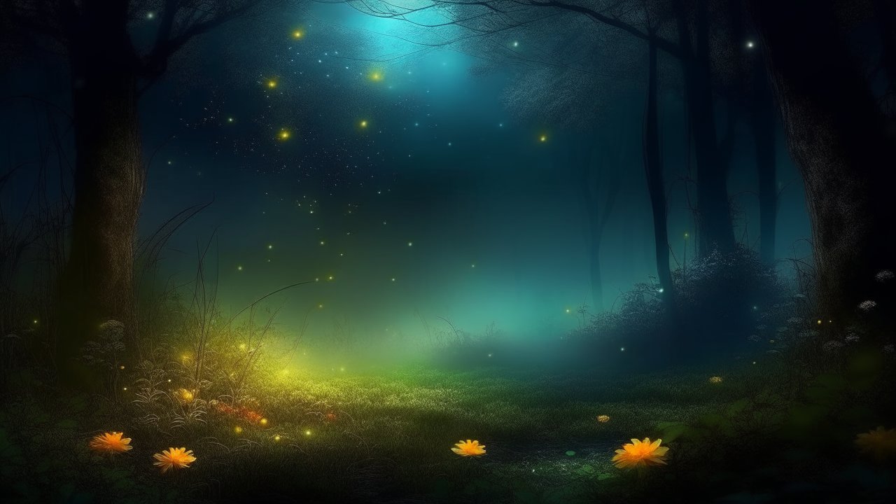 Mystic Enchanted Forest with Glowing Fireflies