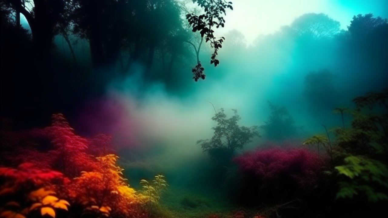 Mystic Forest with Colorful Fog and Vibrant Foliage