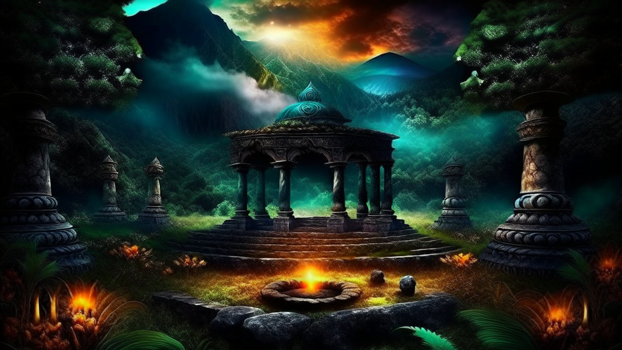 Mystical Ancient Meditation Pavilion at Twilight