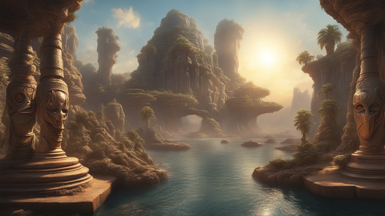 Mystical Ancient River Valley at Sunset