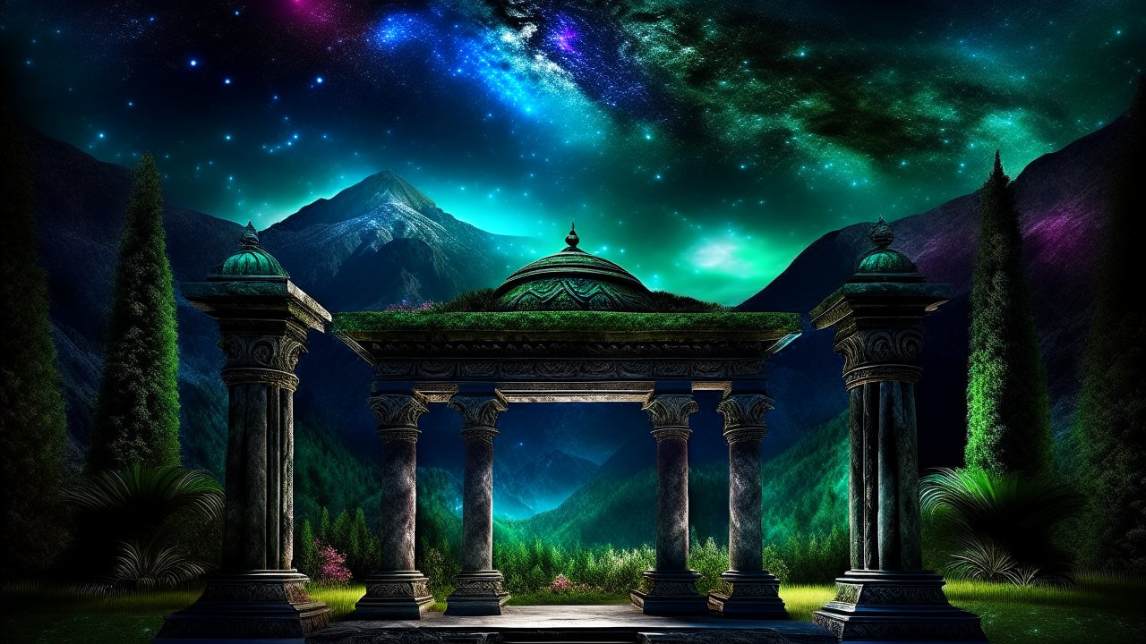 Mystical Ancient Ruins Under a Starry Night Sky