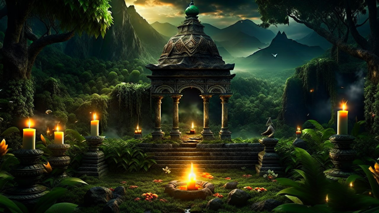 Mystical Ancient Shrine Illuminated by Candlelight in Enchanted Forest
