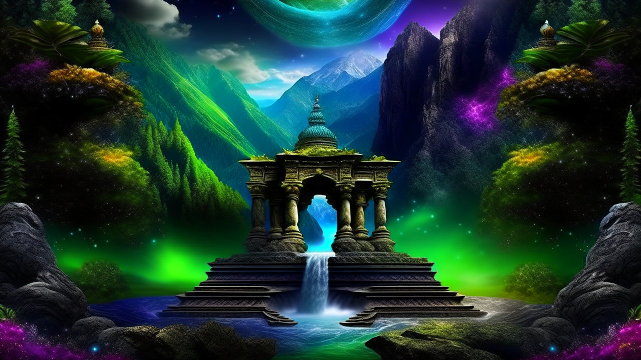 Mystical Ancient Temple with Waterfall in Enchanted Valley
