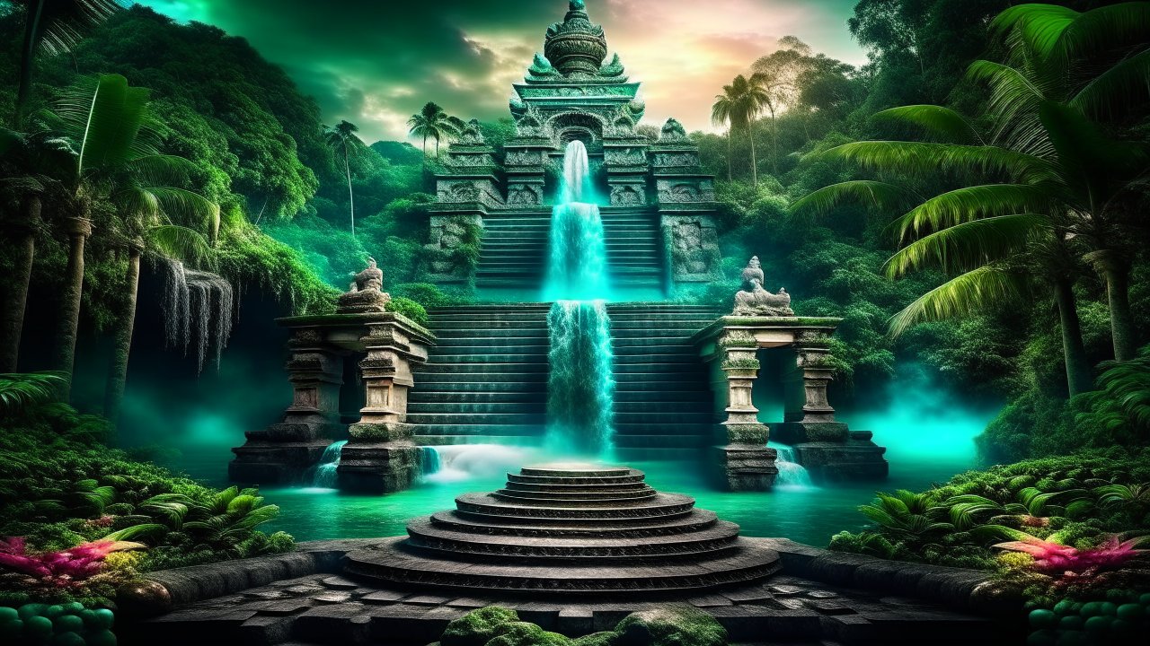 Mystical Ancient Temple with Waterfall in Lush Jungle