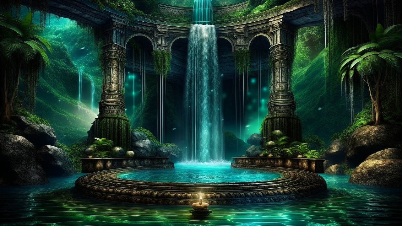 Mystical Ancient Waterfall Sanctuary with Round Meditation Podium