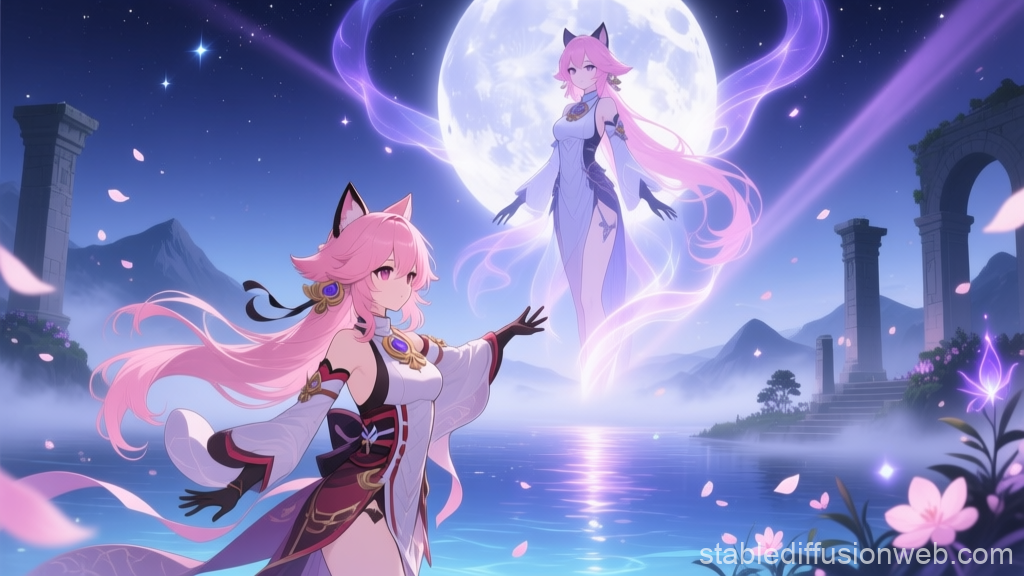 Mystical Anime Fox Spirit Under the Full Moon