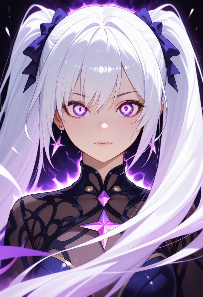 Mystical Anime Girl with Glowing Purple Eyes and White Hair
