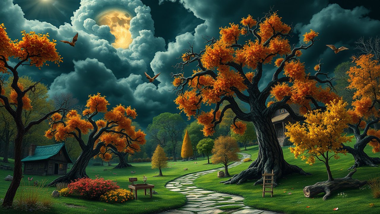 Mystical Autumn Park Under a Moonlit Sky